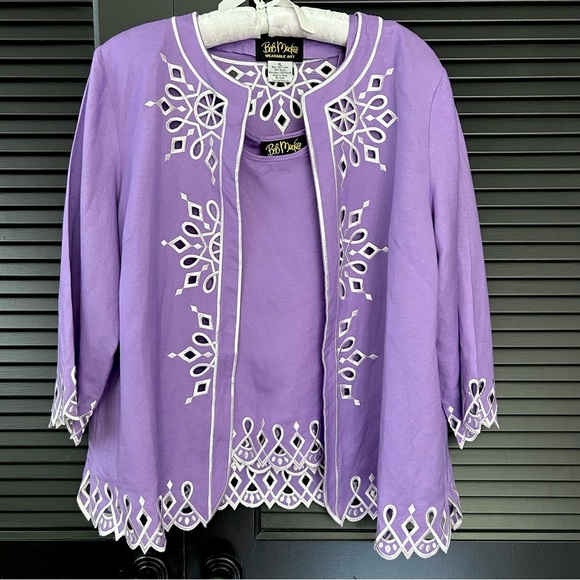 Vintage Bob Mackie Linen Blend Lavender Embroidered Open Jacket & Top, Size XL - Picture 1 of 14